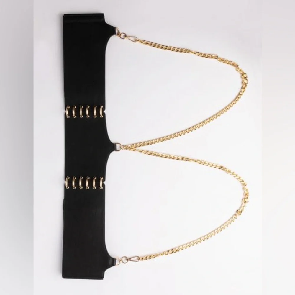 Black Leather & Gold Chain Corset Statement Belt